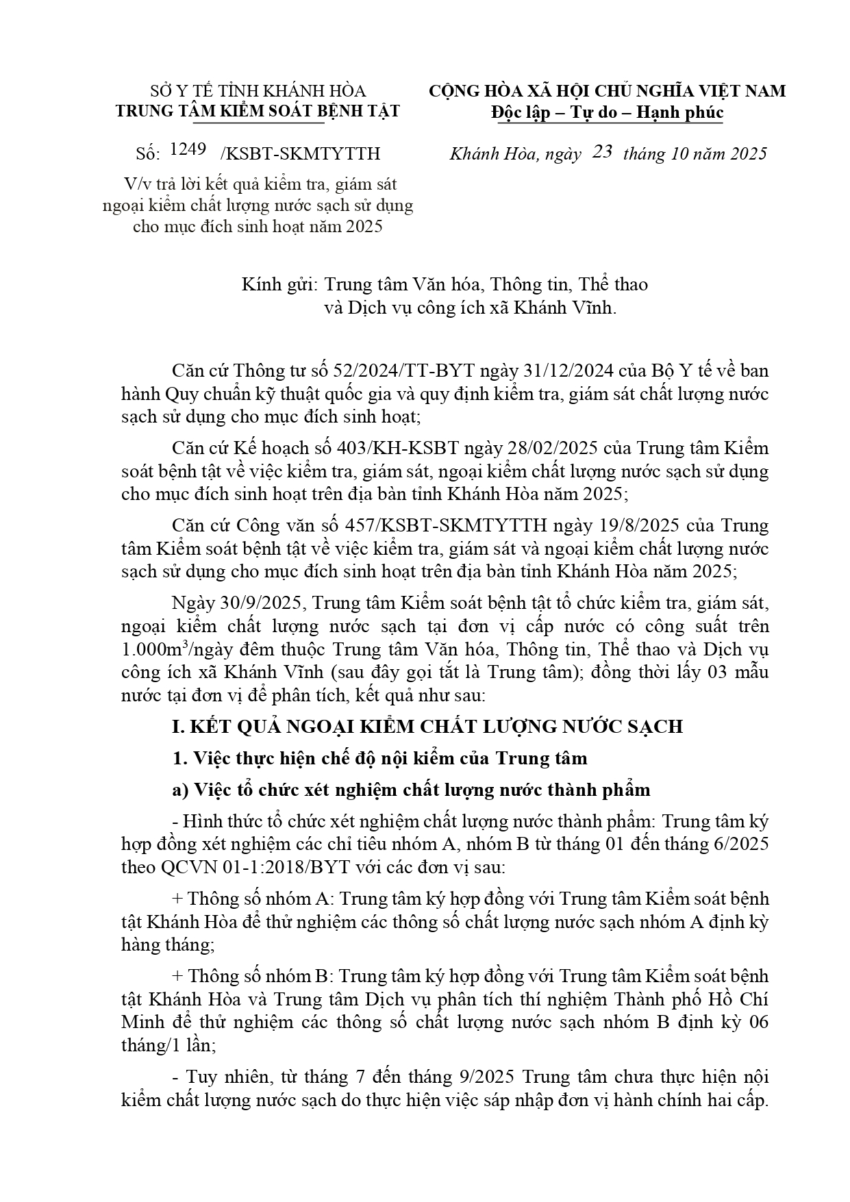 V/v trả lời kết quả kiểm tra, giám sát ngoại kiểm chất lượng nước sạch sử dụng cho mục đích sinh hoạt năm 2025